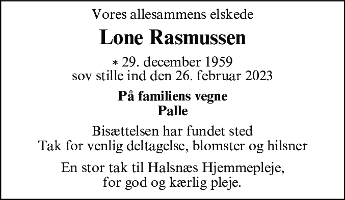 Dødsannonce for Lone Rasmussen