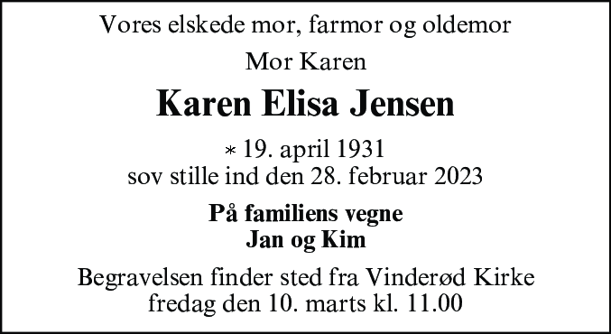 Dødsannonce for Karen Elisa Jensen