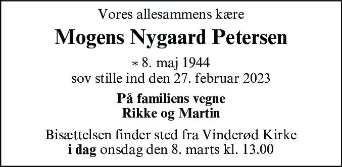 Dødsannonce for Mogens Nygaard Petersen