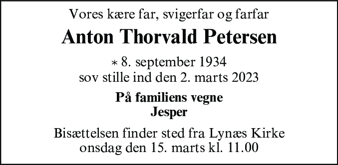 Dødsannonce for Anton Thorvald Petersen