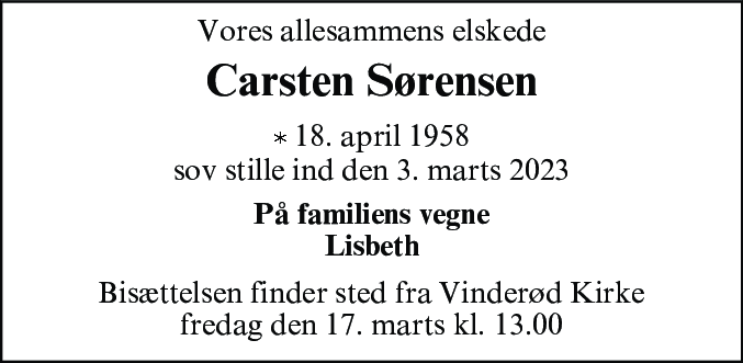 Dødsannonce for Carsten Sørensen