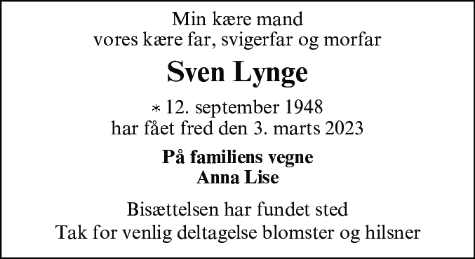 Dødsannonce for Sven Lynge