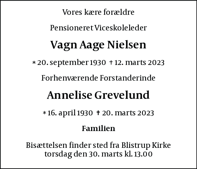 Dødsannonce for Vagn Aage Nielsen og Annelise Grevelund