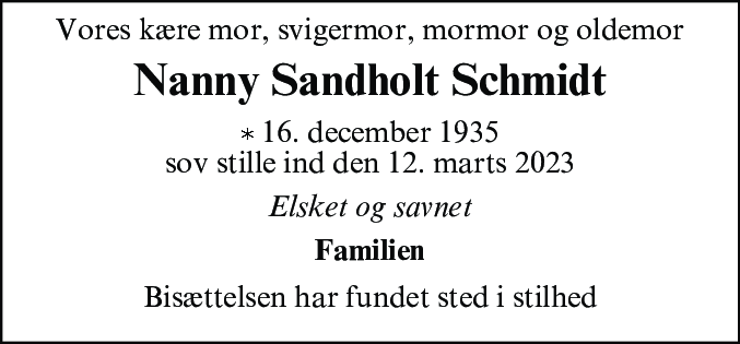 Dødsannonce for Nanny Sandholt Schmidt