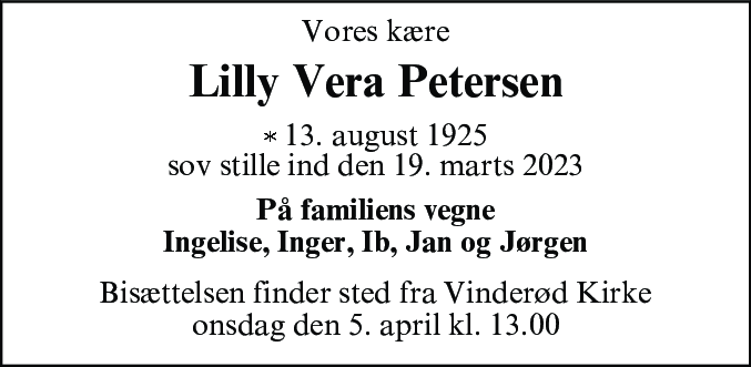 Dødsannonce for Lilly Vera Petersen