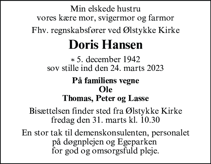 Dødsannonce for Doris Hansen