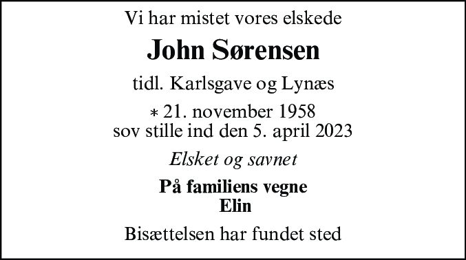 Dødsannonce for John Sørensen