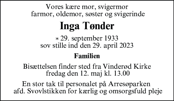 Dødsannonce for Inga Chatrine Tønder