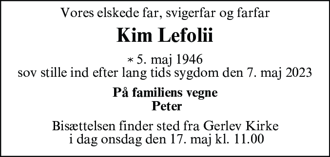 Dødsannonce for Kim Lefolii