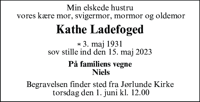 Dødsannonce for Inga Kathe Ladefoged