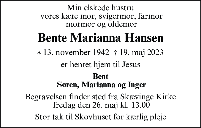 Dødsannonce for Bente Marianna Hansen
