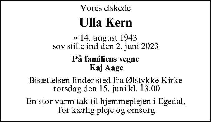 Dødsannonce for Ulla Elisabeth Kern