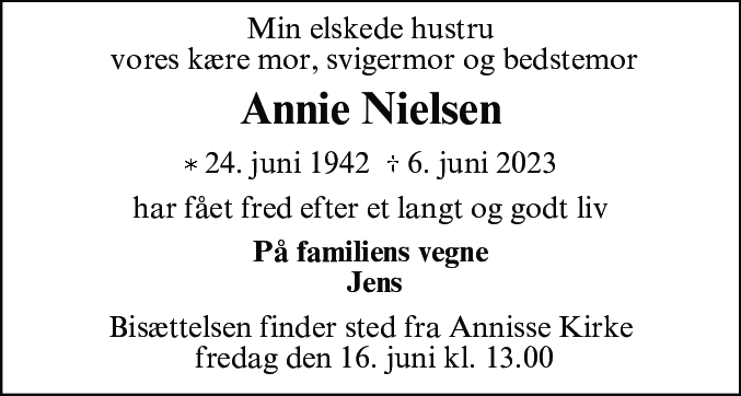Dødsannonce for Annie Nielsen