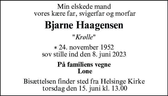 Dødsannonce for Bjarne Ravn Haagensen