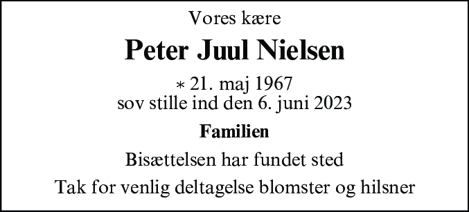 Dødsannonce for Peter Juul Nielsen
