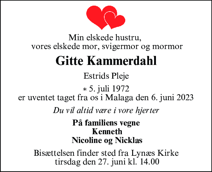 Dødsannonce for Gitte Gellenthin Kammerdahl
