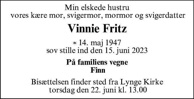Dødsannonce for Vinnie Fritz