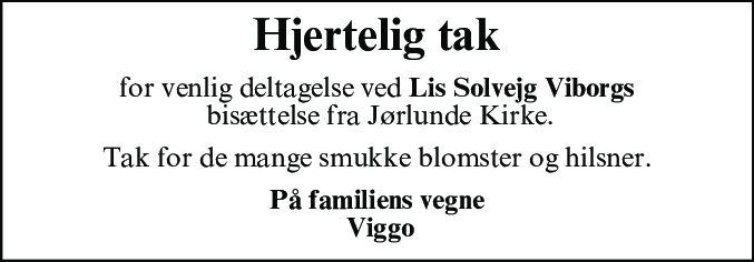 Dødsannonce for Lis Solvejg Viborg