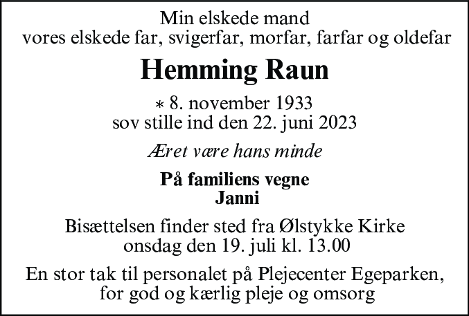 Dødsannonce for Hemming Raun
