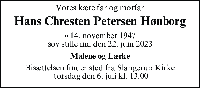Dødsannonce for Hans Chresten Petersen Hønborg