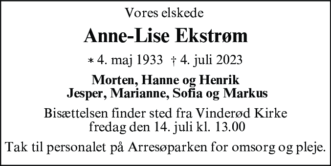 Dødsannonce for Anne-Lise Ekstrøm