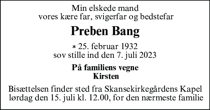 Dødsannonce for Preben Bang