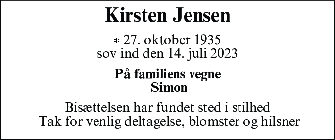 Dødsannonce for Kirsten Jensen
