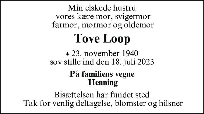 Dødsannonce for Tove Kirsten Loop