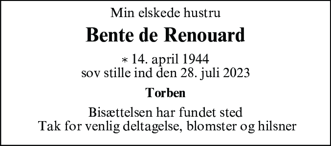 Dødsannonce for Bente Merete de Renouard