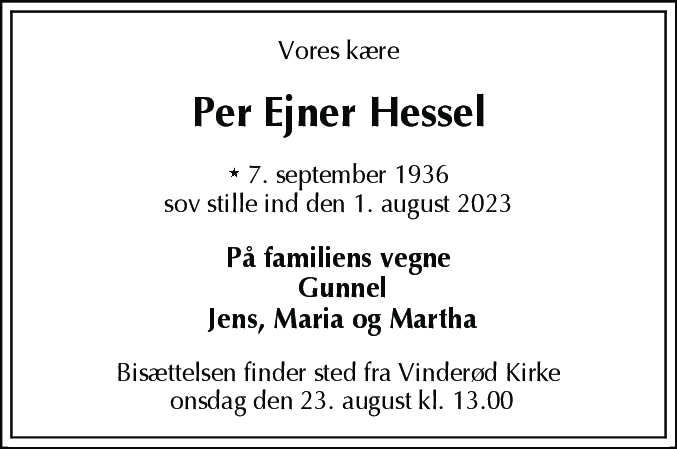 Dødsannonce for Per Ejner Hessel
