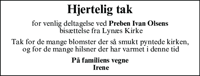 Dødsannonce for Preben Ivan Olsen