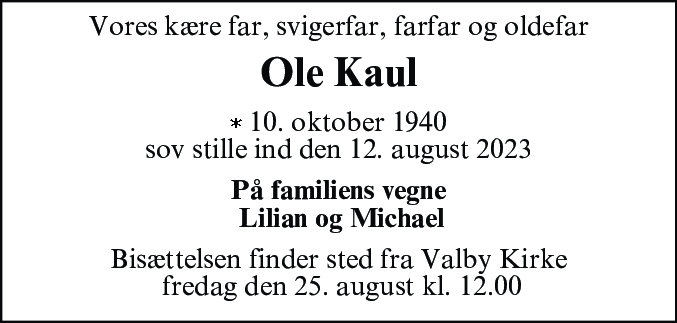 Dødsannonce for Ole Kaul