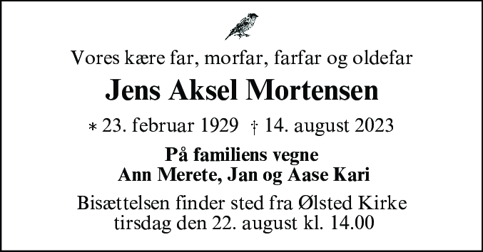 Dødsannonce for Jens Aksel Mortensen