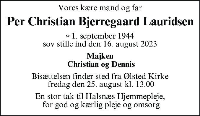 Dødsannonce for Per Christian Bjerregaard Lauridsen