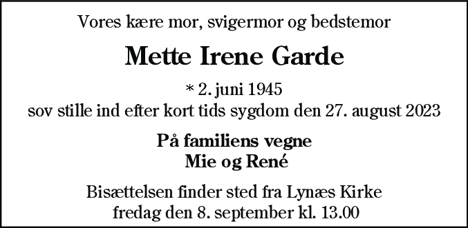 Dødsannonce for Mette Irene Garde
