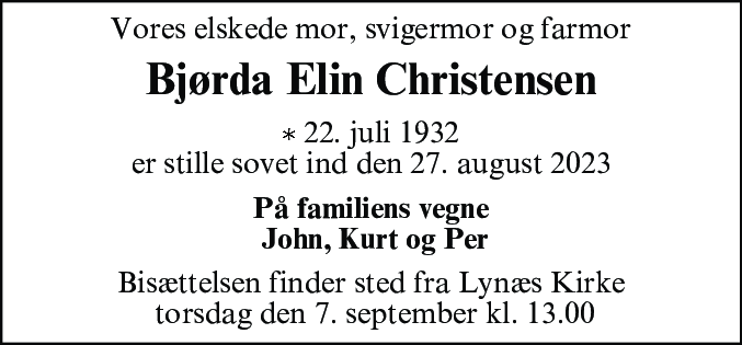 Dødsannonce for Bjørda Elin Christensen