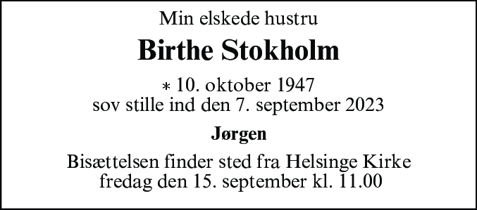 Dødsannonce for Birthe Annelise Stokholm
