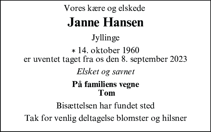 Dødsannonce for Janne Hansen