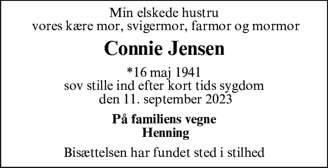 Dødsannonce for Connie Lillian Bell Jensen