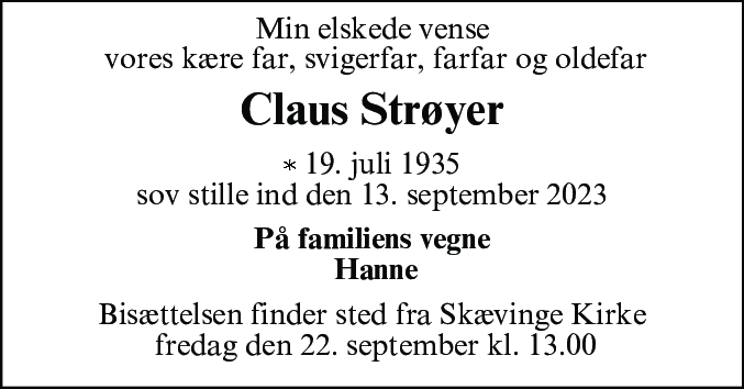 Dødsannonce for Niels Claudius Strøyer