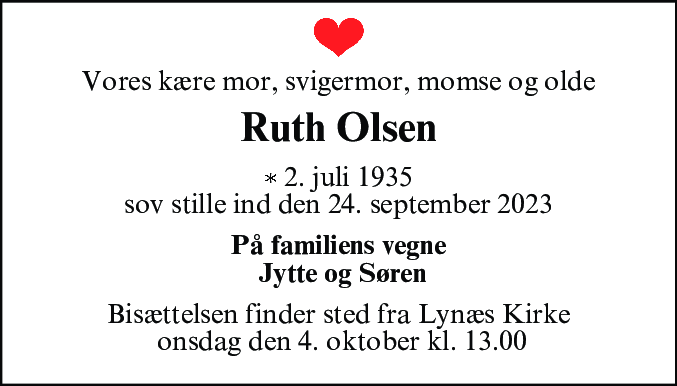 Dødsannonce for Ruth Dagny Kyndby Olsen