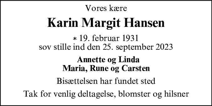 Dødsannonce for Karin Margit Hansen