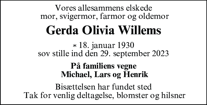 Dødsannonce for Gerda Olivia Willems