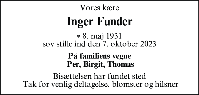 Dødsannonce for Inger Marie Funder