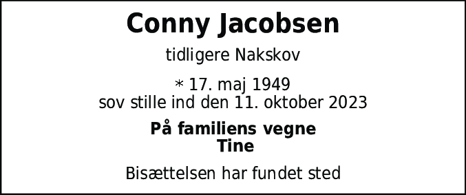 Dødsannonce for Conny Olga Polly Pedersen Jacobsen