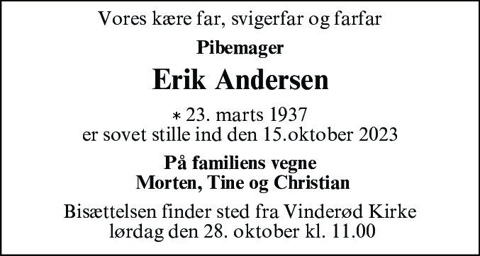 Dødsannonce for Erik Andersen