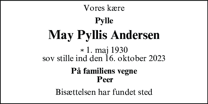 Dødsannonce for May Phyllis Andersen