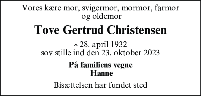 Dødsannonce for Tove Gertrud Christensen