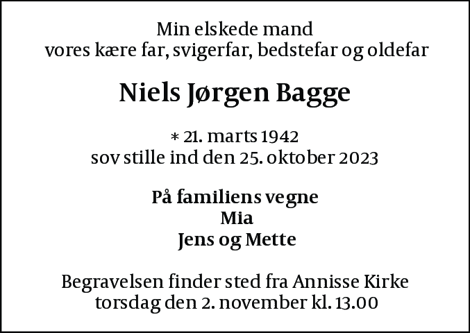 Dødsannonce for Niels Jørgen Bagge