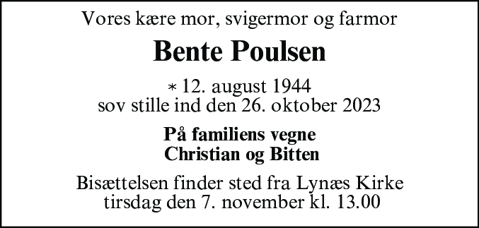 Dødsannonce for Bente Poulsen
